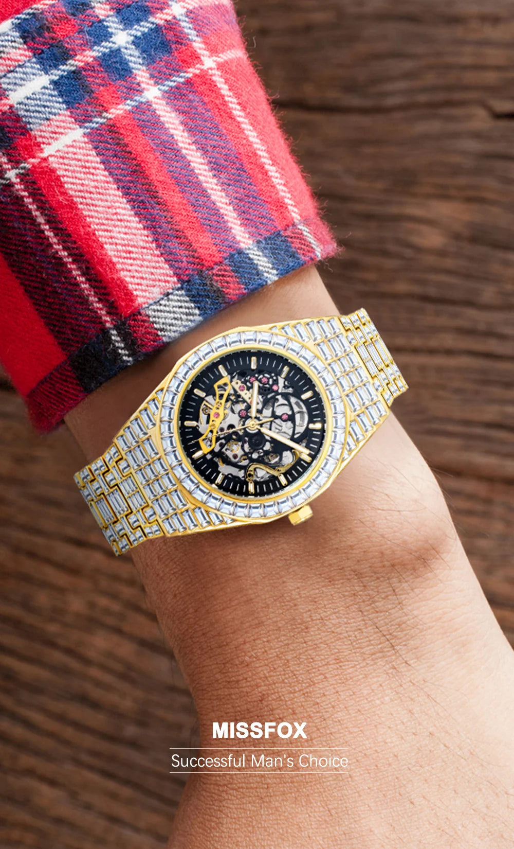 Montre Homme Squelette Or Baguette Automatique – Diamond Lumineux Luxe Étanche Collector