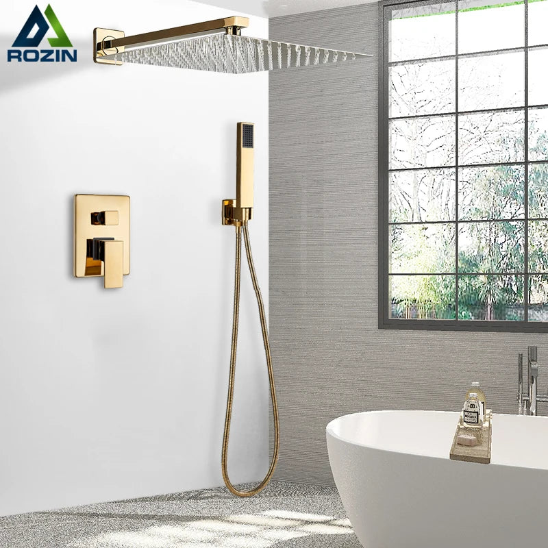 Rozin Ensemble Douche Pluie Carrée Or Encastrée – 8"/10"/12" au Choix, Mitigeur Caché & Bec Baignoire | Salle de Bain Luxe