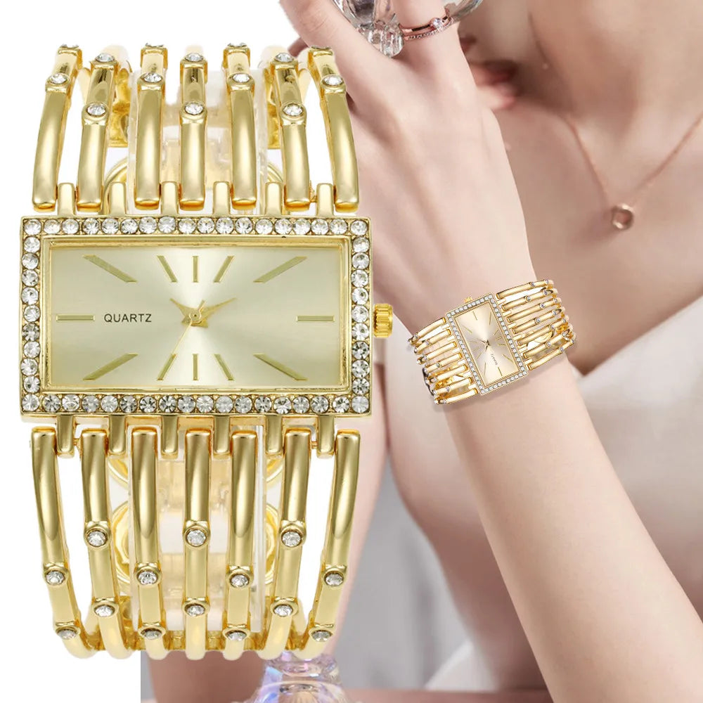 Montre Femme Diamant Rectangle Or 2025 – Bracelet Alliage Doré Quartz Luxe Cadeau