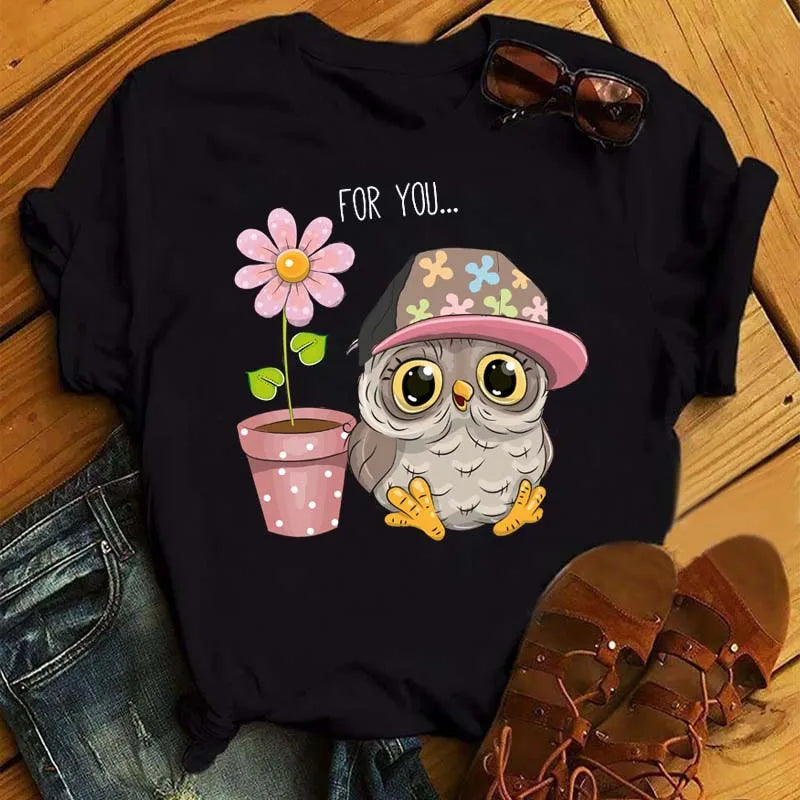T-Shirt Femme Hibou Kawaii 🦦 – Style Harajuku Japonais | Graphic Tee Cute Manches Courtes