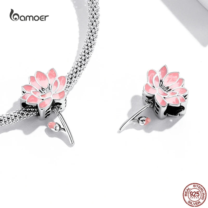 Charm Argent 925 Fleur de Lotus Rose Bamoer – Pendentif Sac & Bracelet DIY | Bijou Fin Femme Premium Élégant & Symbolique