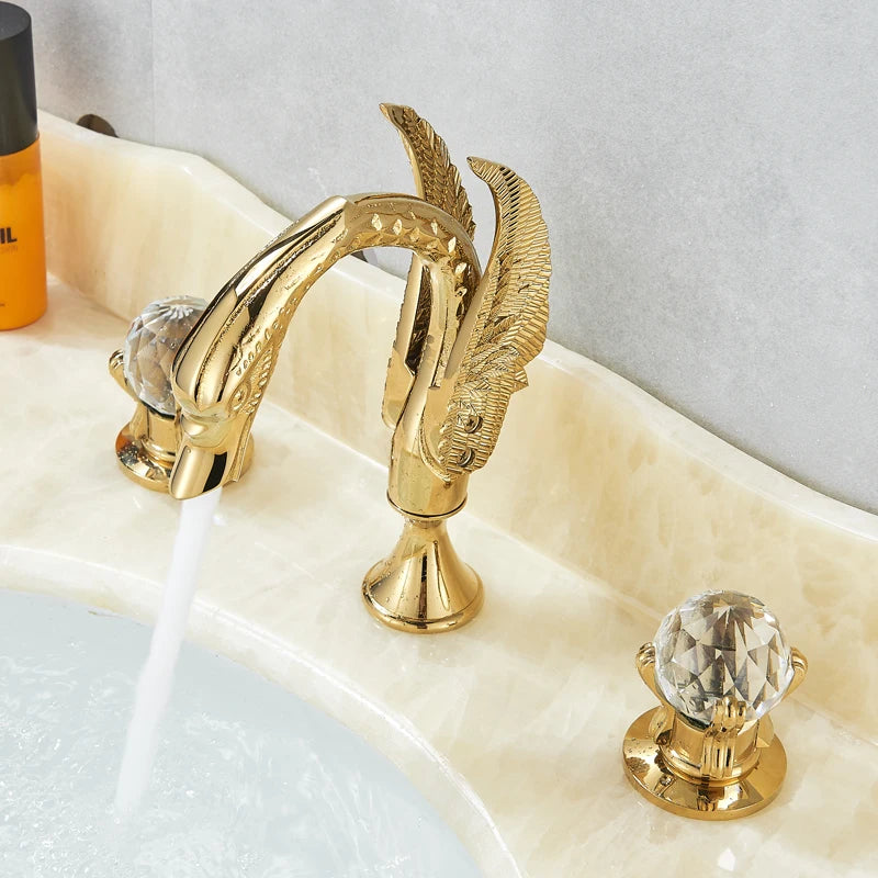 Rozin Robinet Lavabo Cygne Or Luxe – Double Poignée Cristal, Mitigeur Eau Chaude & Froide | Pièce Maîtresse Salle de Bain