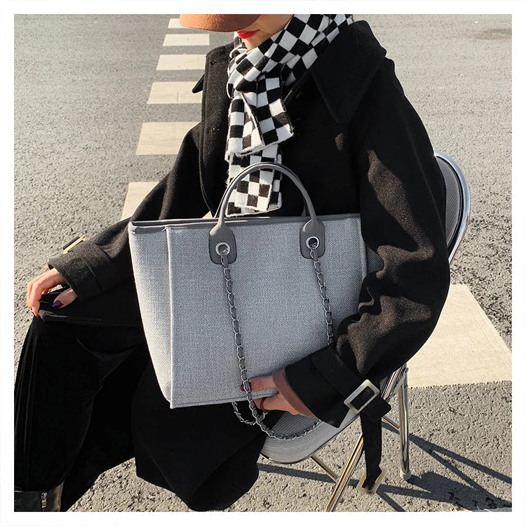 Tote Bag Femme Toile Grande Capacité – Cabas Shopping Chaînes Épaule Messenger Casual