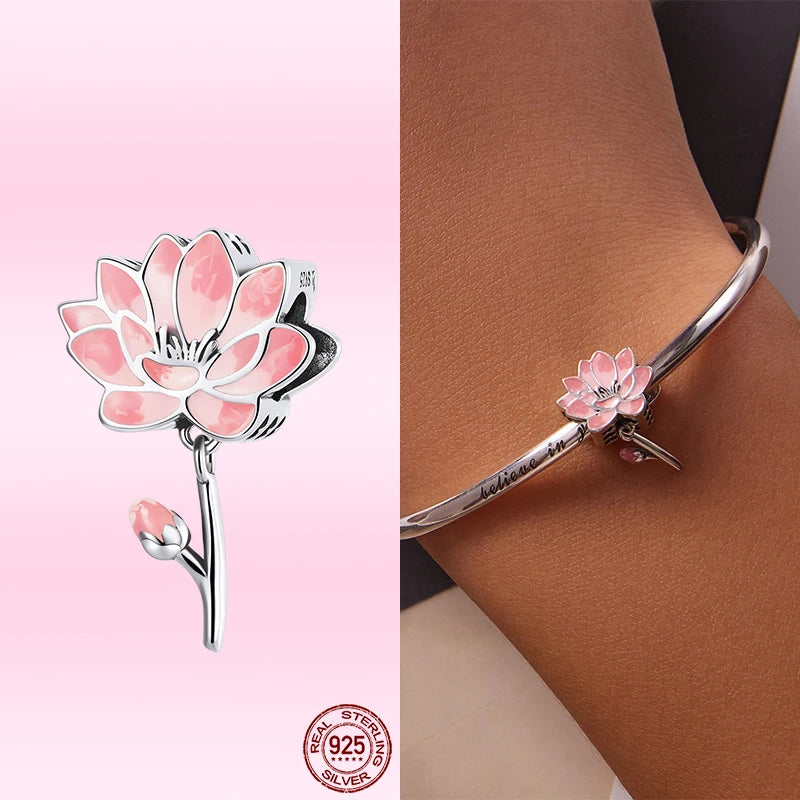 Charm Argent 925 Fleur de Lotus Rose Bamoer – Pendentif Sac & Bracelet DIY | Bijou Fin Femme Premium Élégant & Symbolique