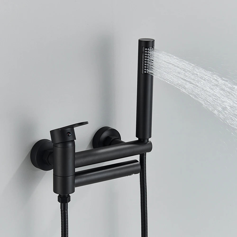 Rozin Robinet Baignoire Mural Noir & Or – Bec Pivotant en Laiton, Mitigeur Douche Complet | Salle de Bain Luxe