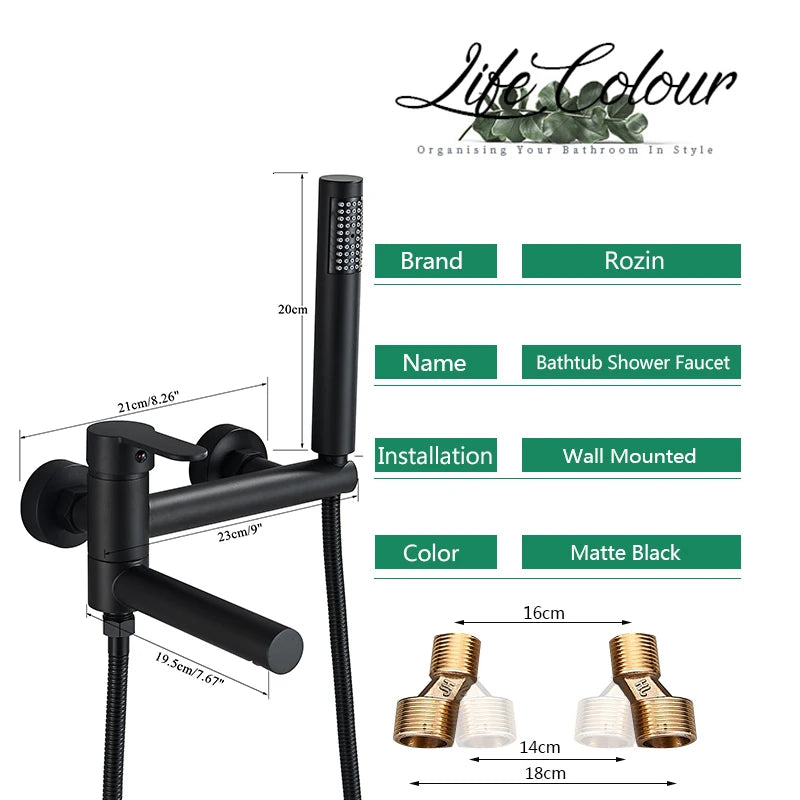 Rozin Robinet Baignoire Mural Noir & Or – Bec Pivotant en Laiton, Mitigeur Douche Complet | Salle de Bain Luxe