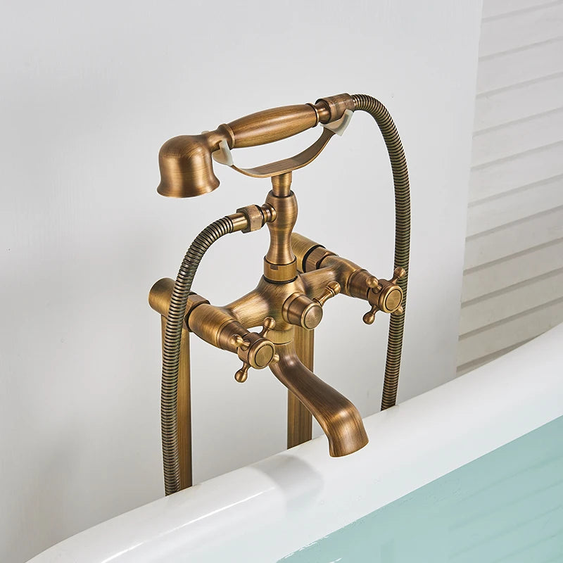 Robinet Baignoire Ìlot Sol Laiton Antique – Double Poignée, Bec Pivotant & Douchette | Style Vintage Salle de Bain