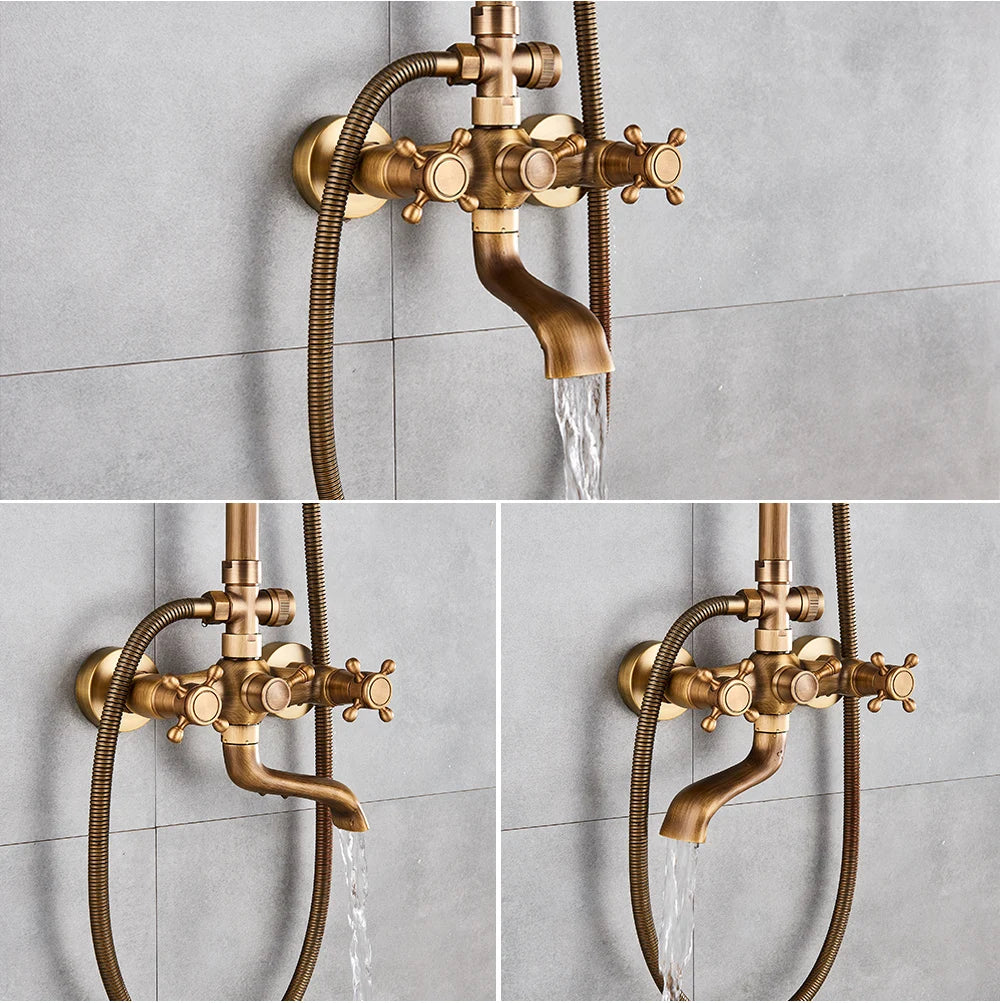 Rozin Ensemble Douche Antique Laiton Mural – Double Poignée, Douchette & Étagère Intégrée | Mitigeur Style Vintage