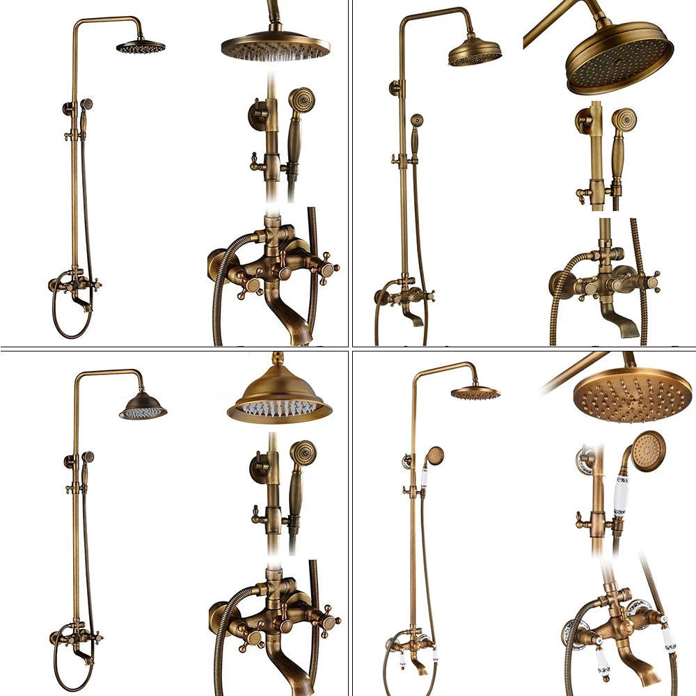 Rozin Ensemble Douche Antique Laiton Mural – Double Poignée, Douchette & Étagère Intégrée | Mitigeur Style Vintage