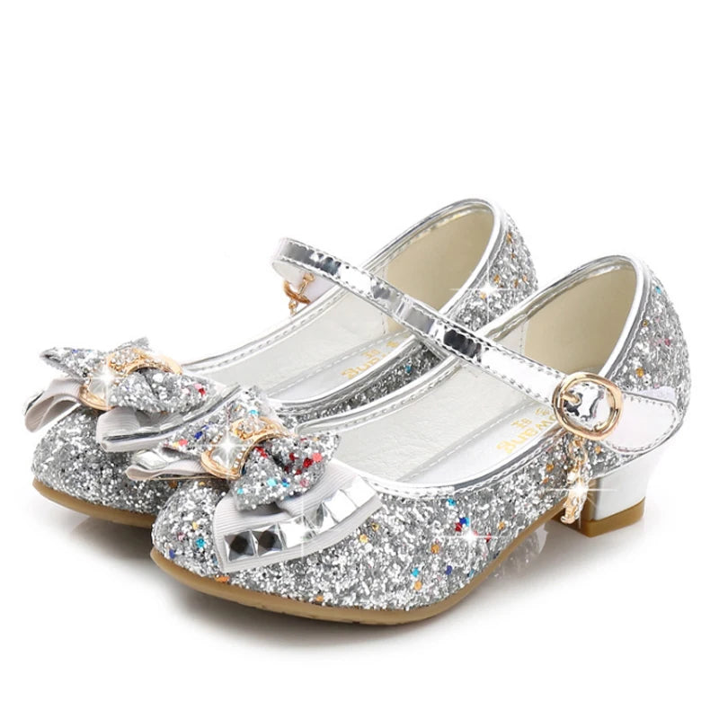 Chaussures Princesse Fille Cuir Paillettes Talon – Nœud Papillon Fleur Bleu Rose Argenté