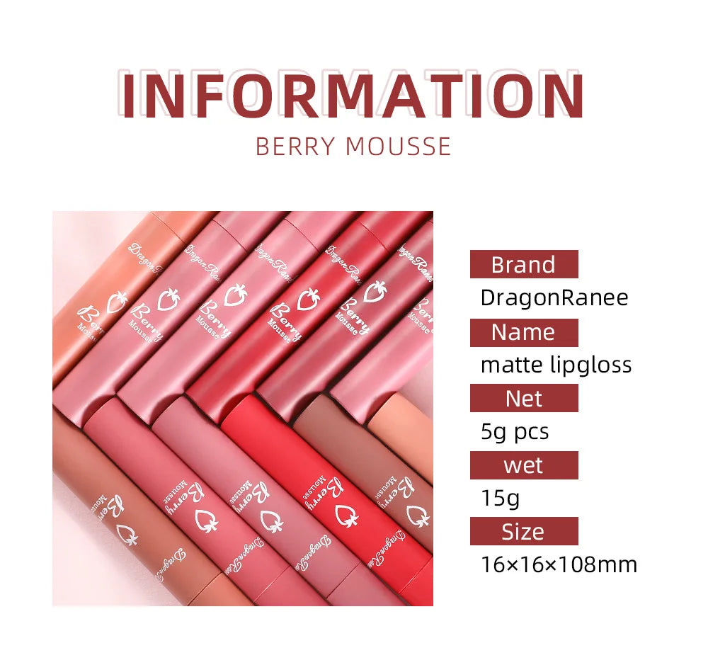 Gloss Lèvres Mat 12 Couleurs Berry Mousse – Glaçure Velours Waterproof Longue Tenue | Rouge à Lèvres Sexy Cosmétique
