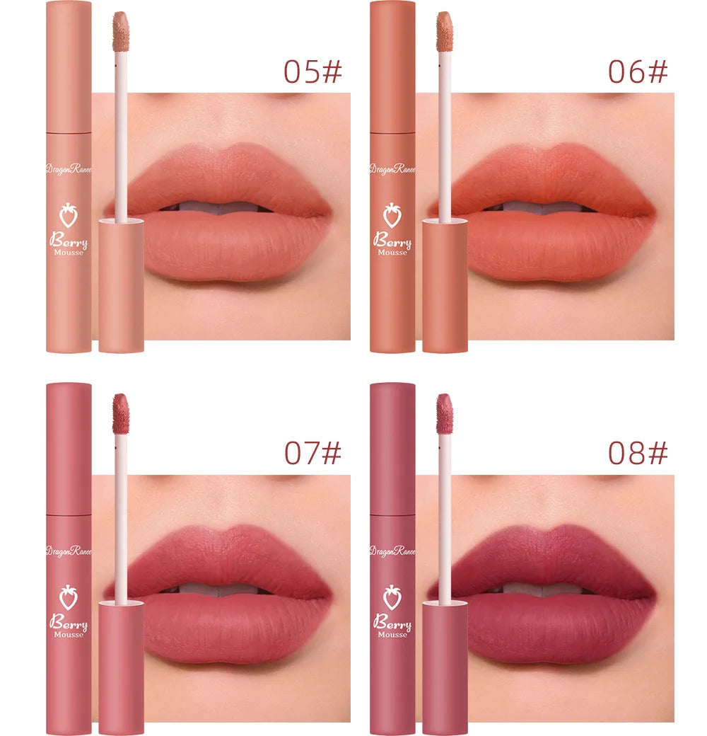 Gloss Lèvres Mat 12 Couleurs Berry Mousse – Glaçure Velours Waterproof Longue Tenue | Rouge à Lèvres Sexy Cosmétique