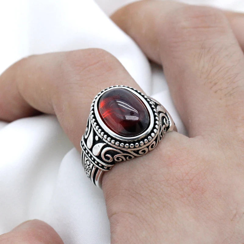 Bague Argent 925 Homme Zircon Rouge – Gravure Vintage Luxe | Bijou Sterling Silver Unisexe | Cadeau Homme & Femme