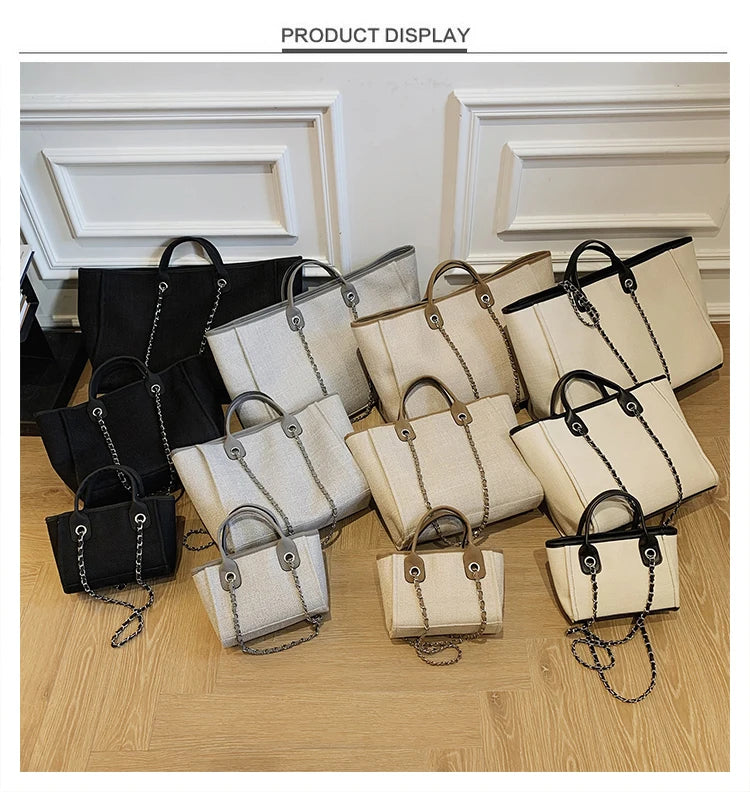 Tote Bag Femme Toile Grande Capacité – Cabas Shopping Chaînes Épaule Messenger Casual