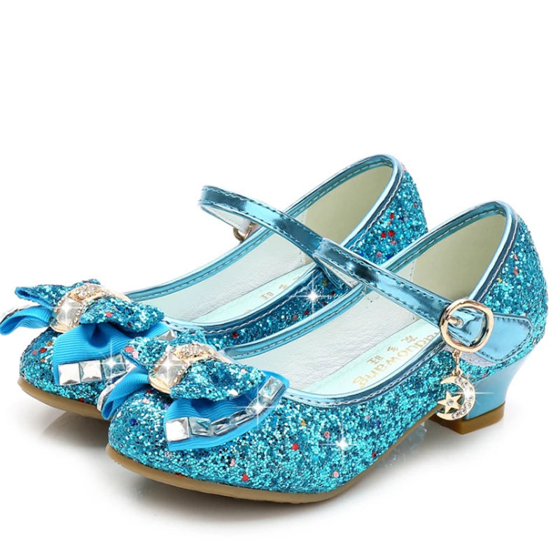 Chaussures Princesse Fille Cuir Paillettes Talon – Nœud Papillon Fleur Bleu Rose Argenté