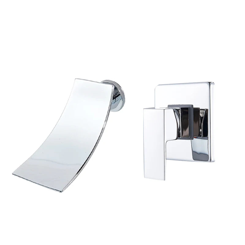 Rozin Robinet Lavabo Cascade Mural – Chrome & Noir Mat, Mitigeur Mono-Commande | Eau Chaude & Froide Salle de Bain