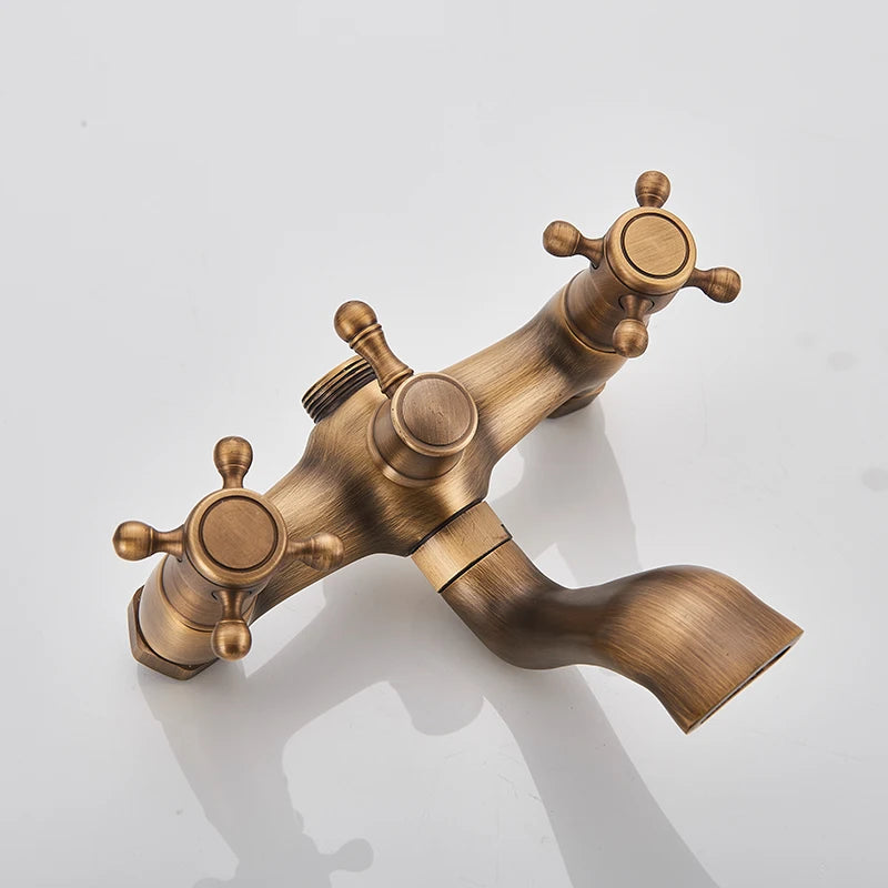 Robinet Baignoire Ìlot Sol Laiton Antique – Double Poignée, Bec Pivotant & Douchette | Style Vintage Salle de Bain