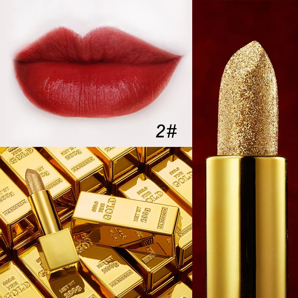 Rouge à Lèvres Glitter Hydratant Velours Mat Or – Waterproof Longue Tenue | Lèvres Brillantes Rouge Sexy Cosmétique Pigmenté