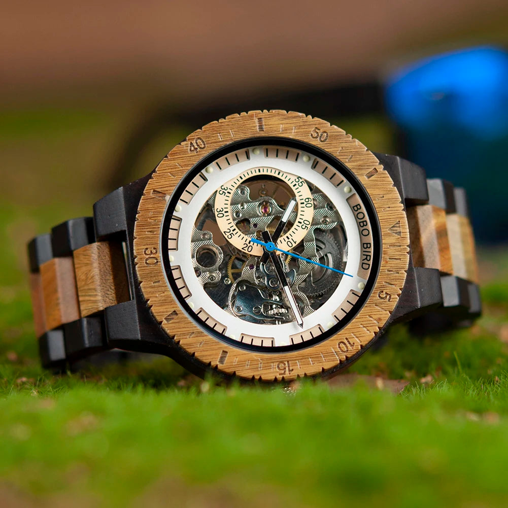 Montre Homme BOBO BIRD Bois Mécanique Luxe – Grand Cadran Top Brand Naturel Unique