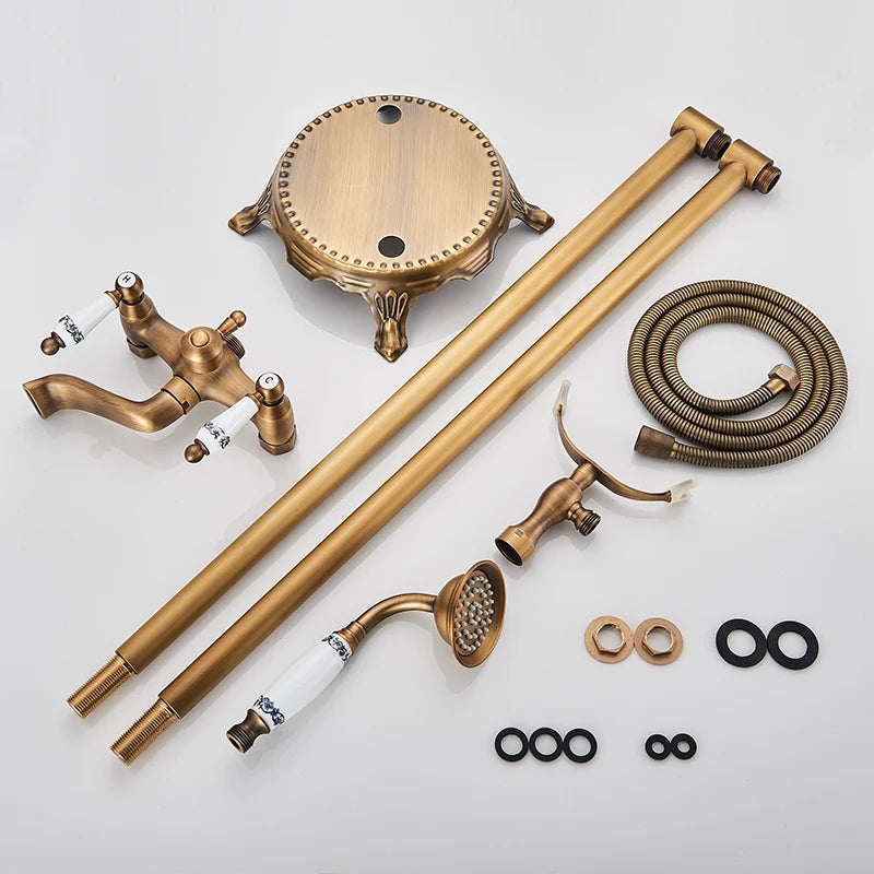 Robinet Baignoire Ìlot Sol Laiton Antique – Double Poignée, Bec Pivotant & Douchette | Style Vintage Salle de Bain