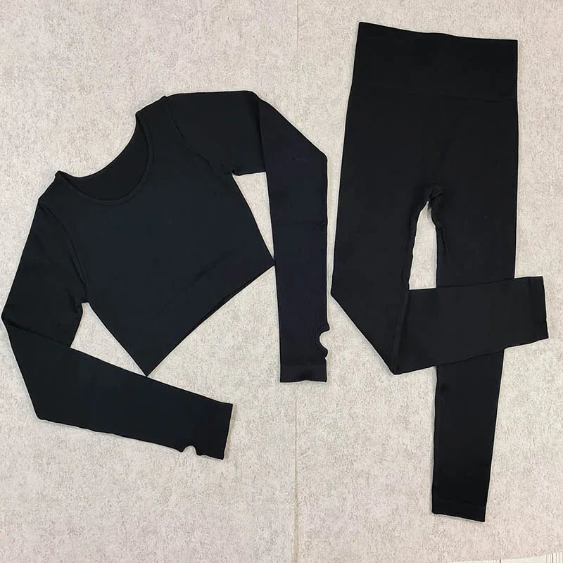 Ensemble Sport Femme Seamless Ribo – Legging Gainant & Haut Manches Longues | Gym, Yoga & Fitness | Tenue Sportive Sexy