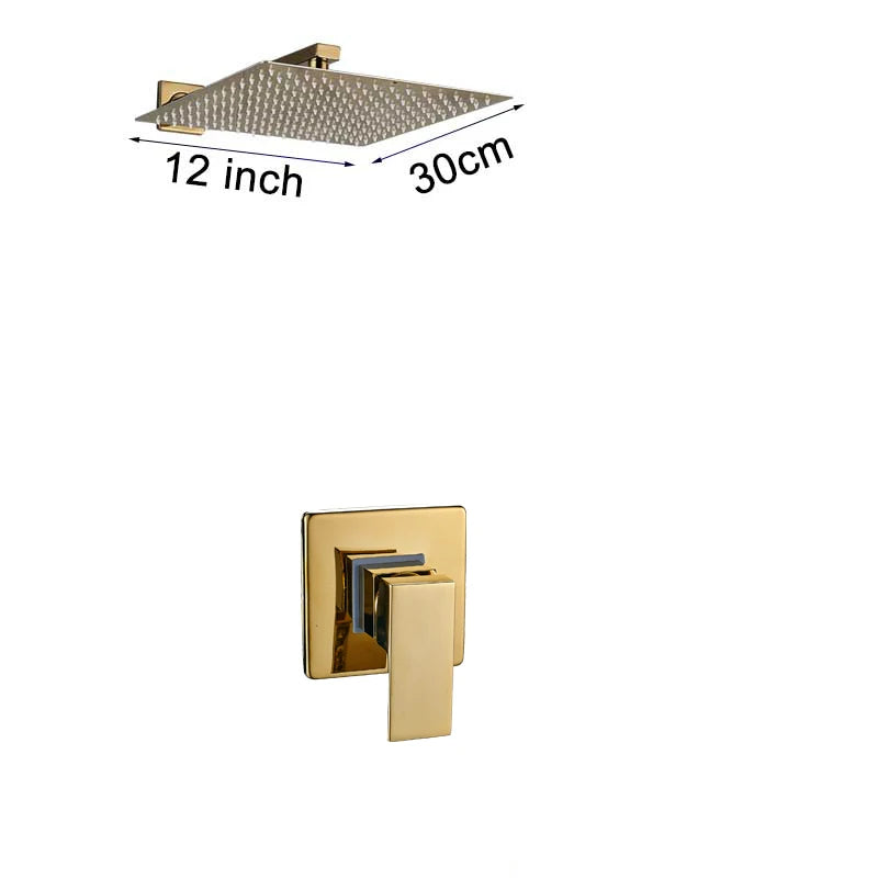 Rozin Ensemble Douche Pluie Carrée Or Encastrée – 8"/10"/12" au Choix, Mitigeur Caché & Bec Baignoire | Salle de Bain Luxe