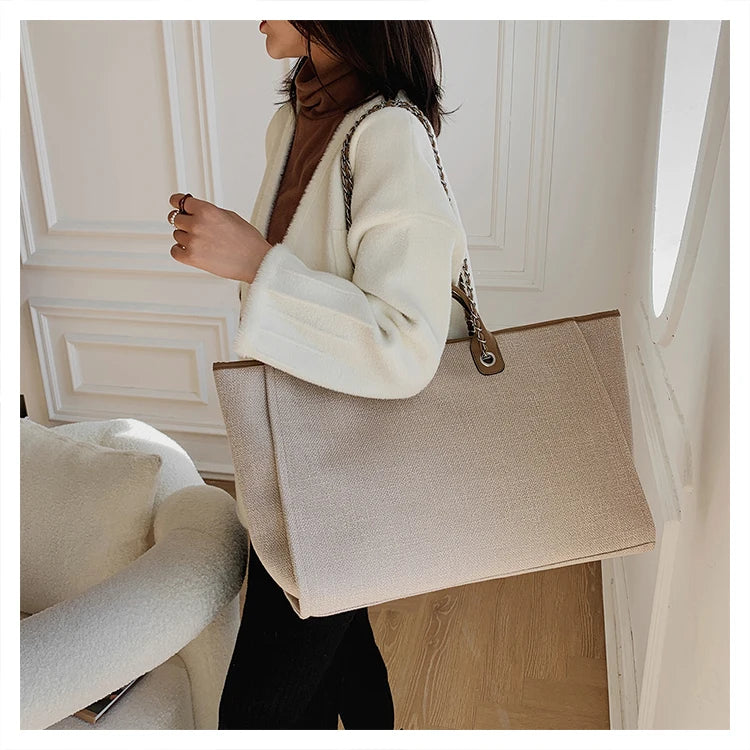Tote Bag Femme Toile Grande Capacité – Cabas Shopping Chaînes Épaule Messenger Casual