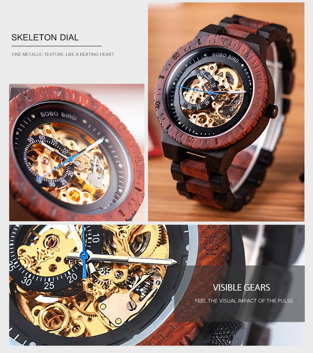 Montre Homme BOBO BIRD Bois Mécanique Luxe – Grand Cadran Top Brand Naturel Unique