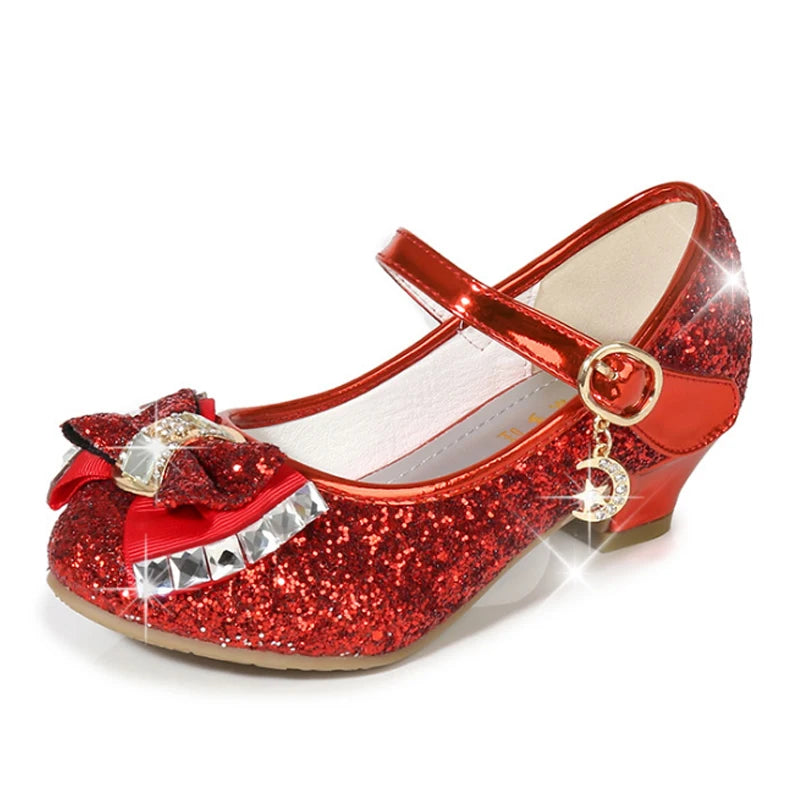 Chaussures Princesse Fille Cuir Paillettes Talon – Nœud Papillon Fleur Bleu Rose Argenté