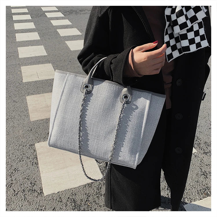 Tote Bag Femme Toile Grande Capacité – Cabas Shopping Chaînes Épaule Messenger Casual