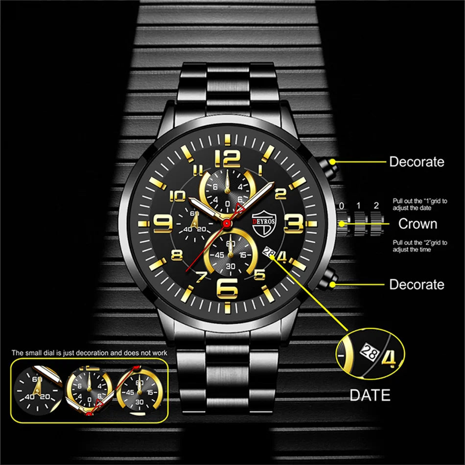 Montre Homme Luxe Quartz Acier Inoxydable Cuir Calendrier Lumineux – Sport Business Fashion