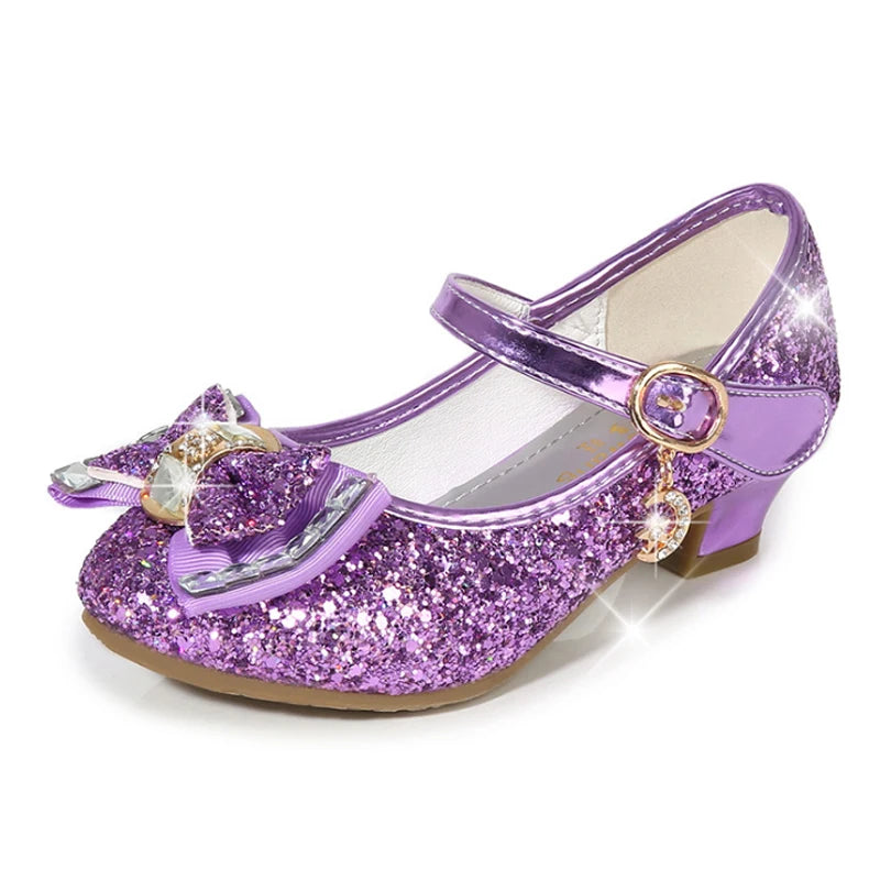 Chaussures Princesse Fille Cuir Paillettes Talon – Nœud Papillon Fleur Bleu Rose Argenté
