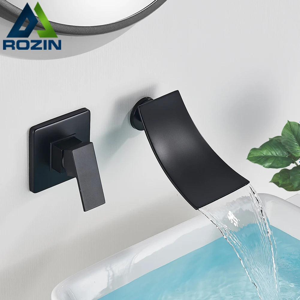 Rozin Robinet Lavabo Cascade Mural – Chrome & Noir Mat, Mitigeur Mono-Commande | Eau Chaude & Froide Salle de Bain