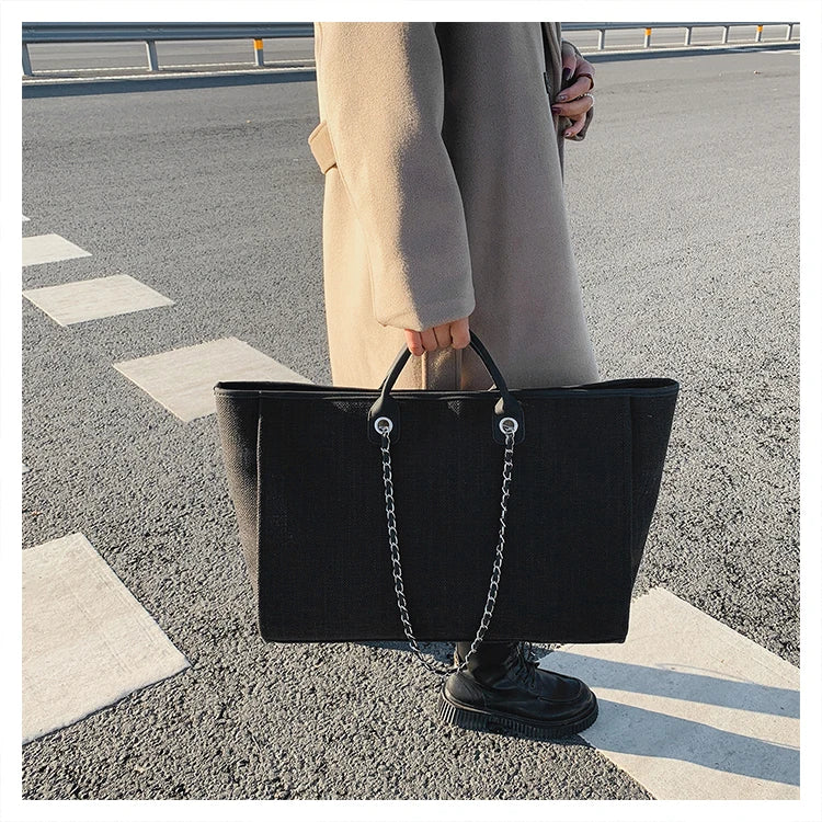 Tote Bag Femme Toile Grande Capacité – Cabas Shopping Chaînes Épaule Messenger Casual