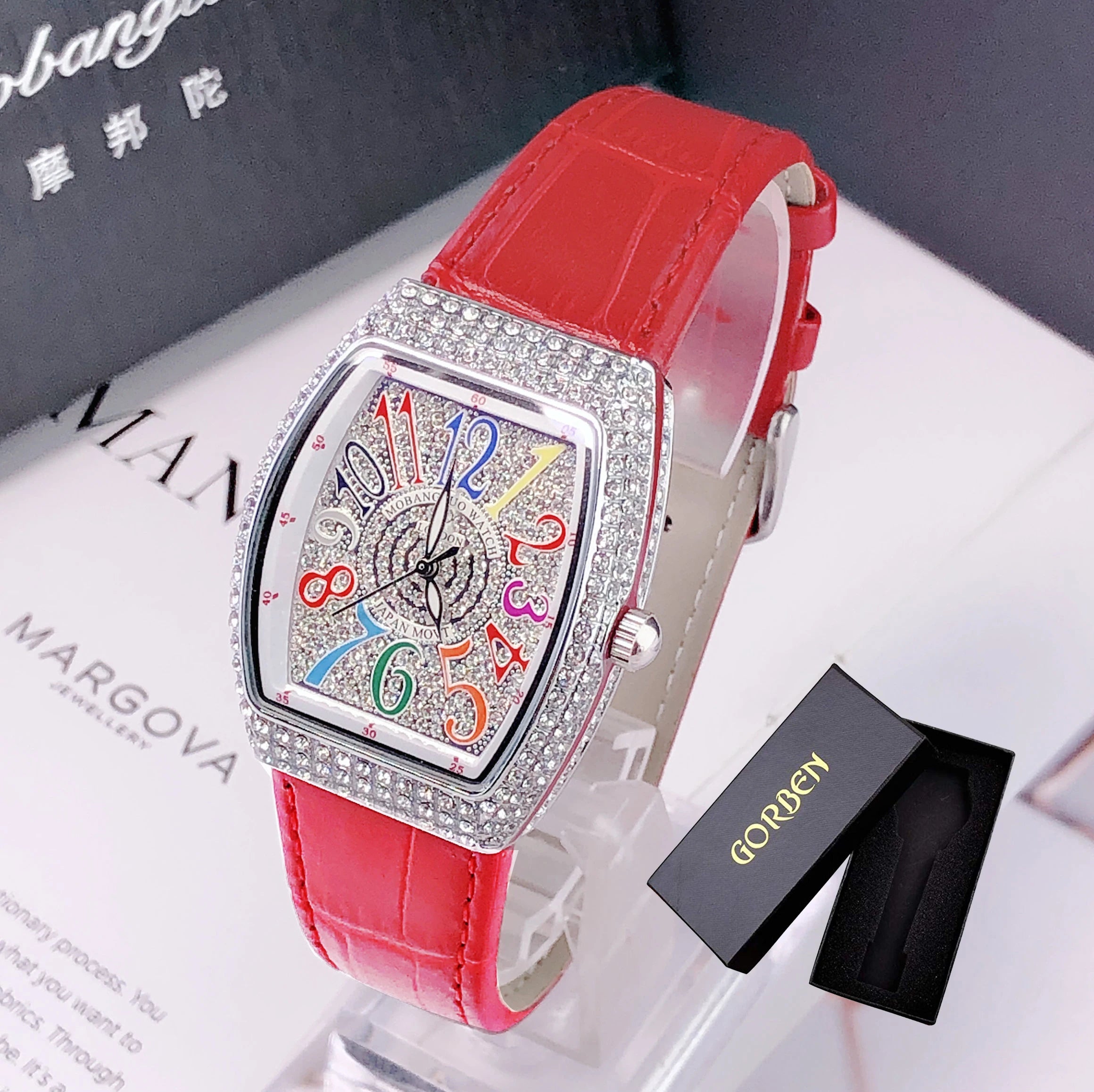 Montre Femme Luxe Diamant Cristal Cadran Rectangle Coloré Cuir Quartz – Design Unique Élégant