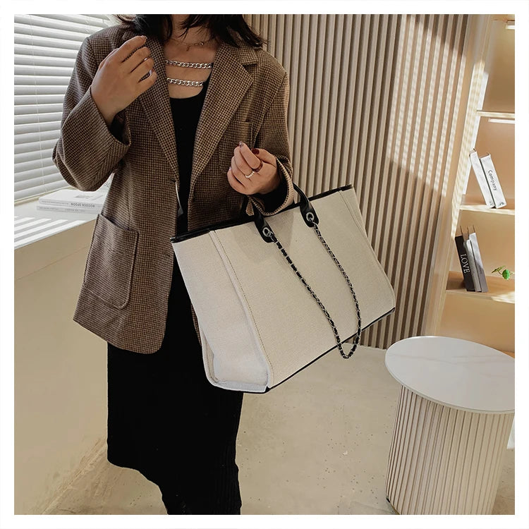 Tote Bag Femme Toile Grande Capacité – Cabas Shopping Chaînes Épaule Messenger Casual