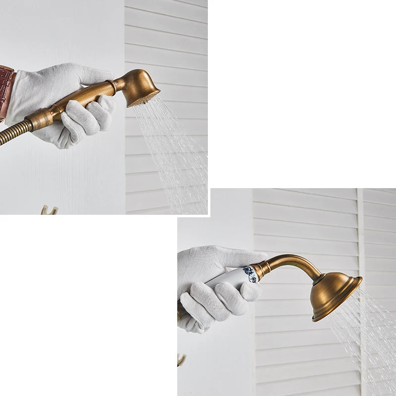 Robinet Baignoire Ìlot Sol Laiton Antique – Double Poignée, Bec Pivotant & Douchette | Style Vintage Salle de Bain
