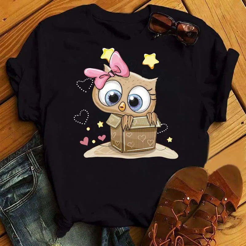 T-Shirt Femme Hibou Kawaii 🦦 – Style Harajuku Japonais | Graphic Tee Cute Manches Courtes