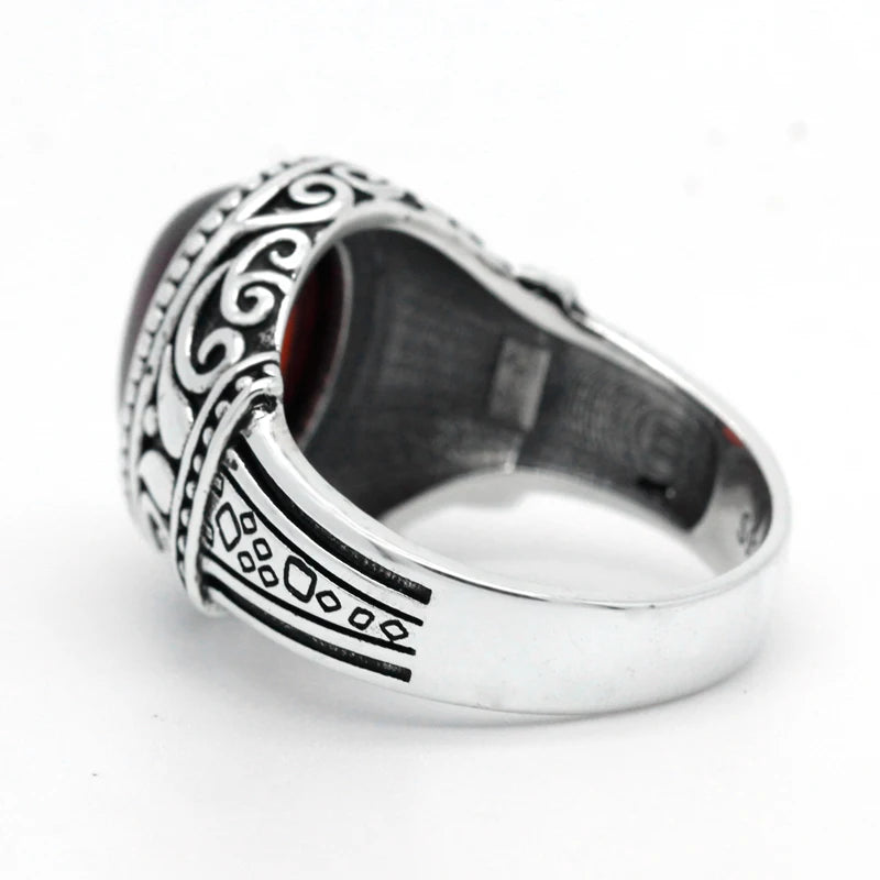 Bague Argent 925 Homme Zircon Rouge – Gravure Vintage Luxe | Bijou Sterling Silver Unisexe | Cadeau Homme & Femme