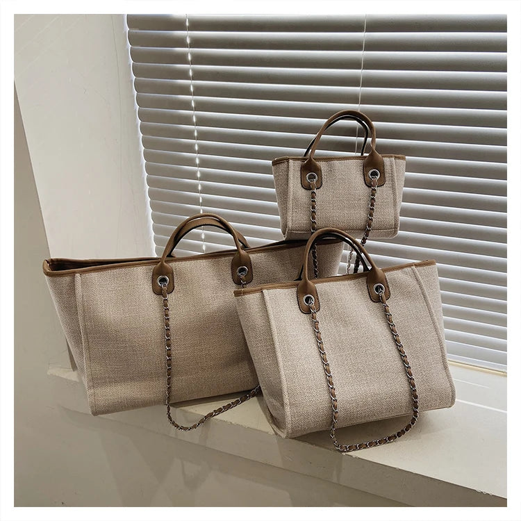 Tote Bag Femme Toile Grande Capacité – Cabas Shopping Chaînes Épaule Messenger Casual