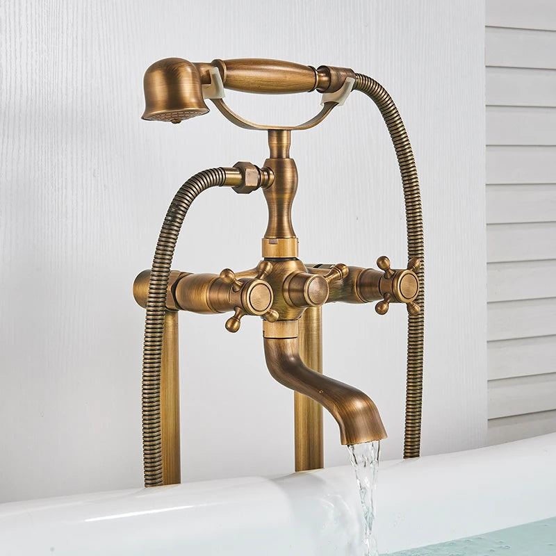 Robinet Baignoire Ìlot Sol Laiton Antique – Double Poignée, Bec Pivotant & Douchette | Style Vintage Salle de Bain