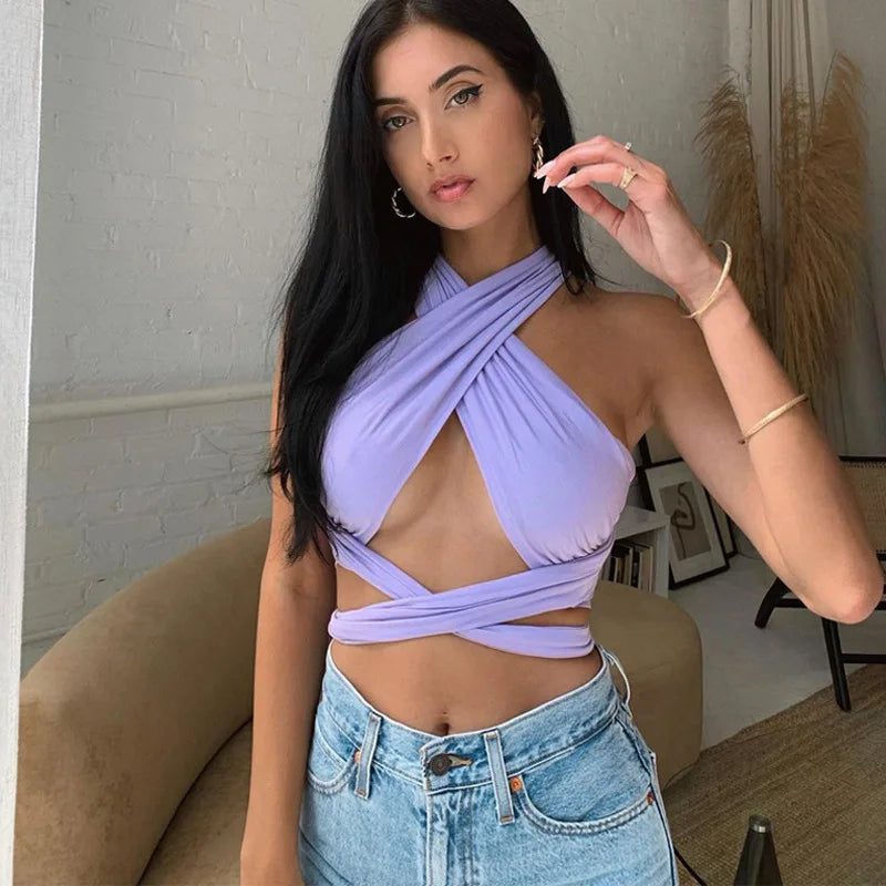 Crop Top Femme Bretelles Croisées Dos Nu Halter Neck Sans Manches Bandage Sexy – Haut Court Été Sensuel | Mode