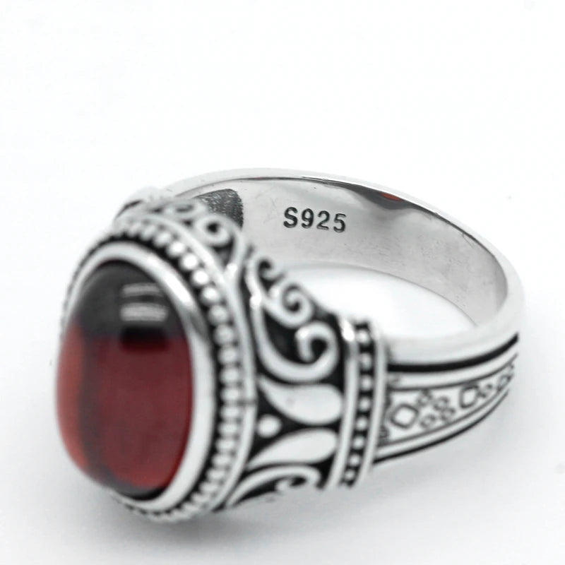 Bague Argent 925 Homme Zircon Rouge – Gravure Vintage Luxe | Bijou Sterling Silver Unisexe | Cadeau Homme & Femme