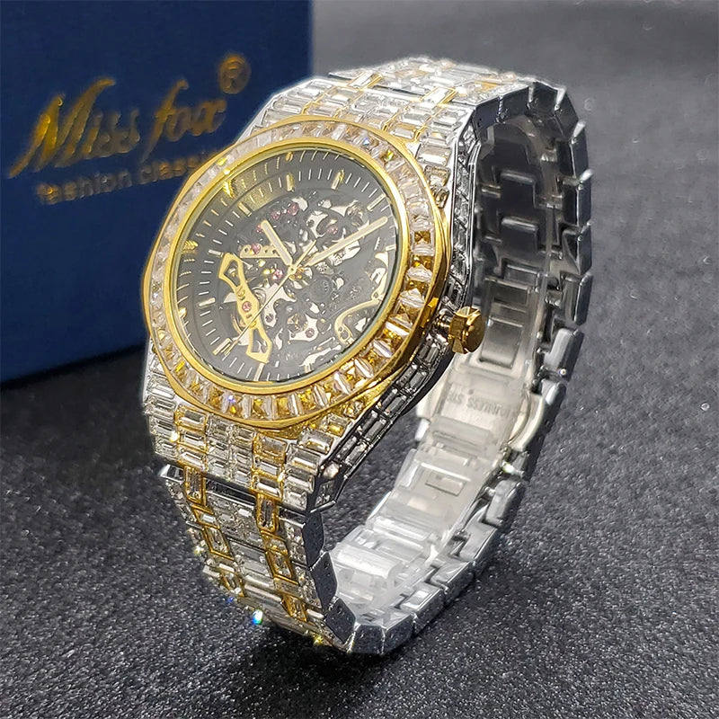 Montre Homme Squelette Or Baguette Automatique – Diamond Lumineux Luxe Étanche Collector
