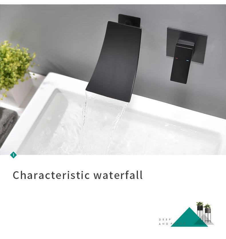Rozin Robinet Lavabo Cascade Mural – Chrome & Noir Mat, Mitigeur Mono-Commande | Eau Chaude & Froide Salle de Bain