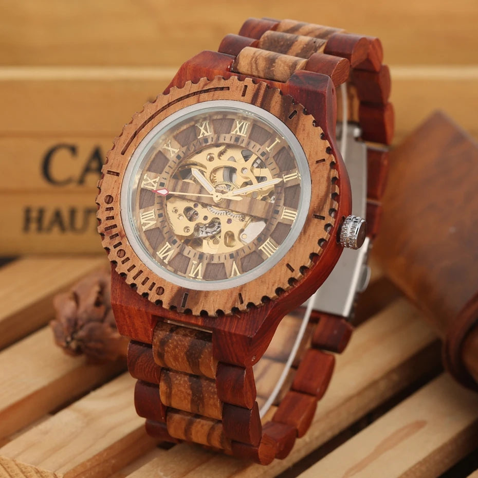Montre Homme Luxe Mécanique Automatique Bois Bracelet Réglable – Fashion Éco-Responsable Unique