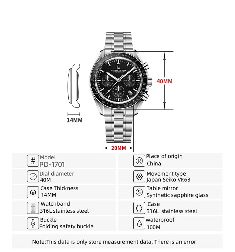 Montre Homme PAGANI DESIGN 2025 Lune Or Argent Quartz – Chronographe Saphir AR Date Auto