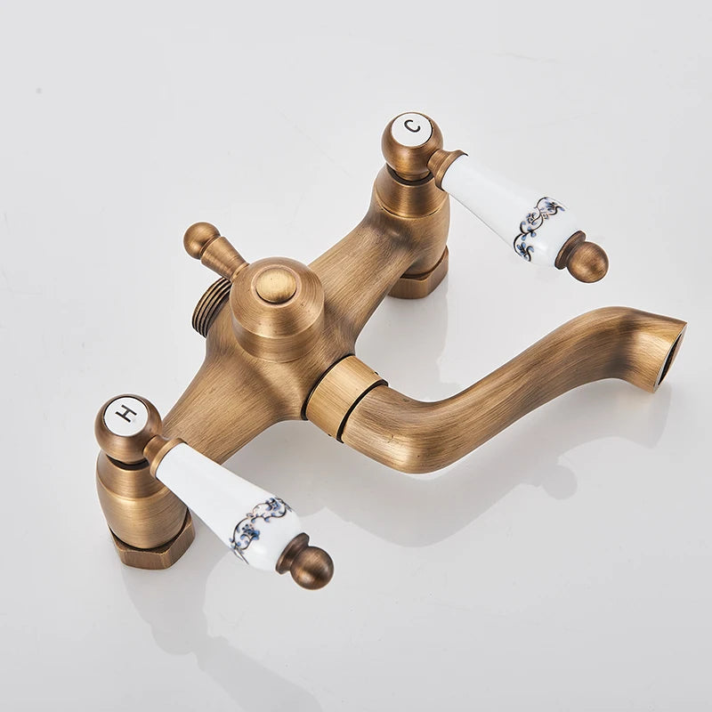 Robinet Baignoire Ìlot Sol Laiton Antique – Double Poignée, Bec Pivotant & Douchette | Style Vintage Salle de Bain