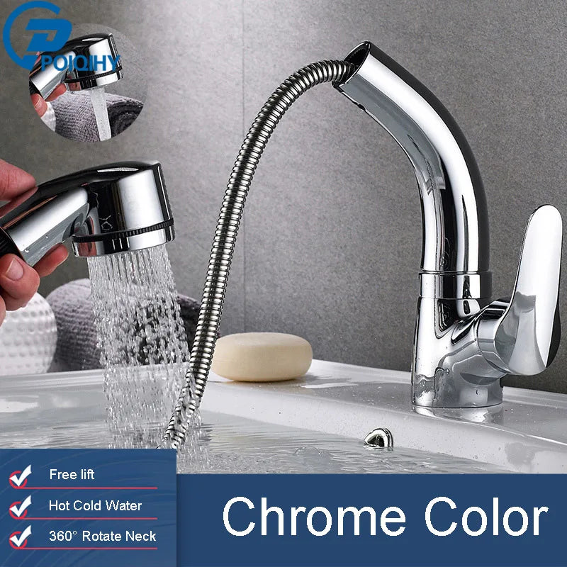 POIQIHY Robinet Lavabo Extractible Noir – Mitigeur Chaud Froid, Rotation 360°, Bec Relevable | Chrome & Noir Salle de Bain