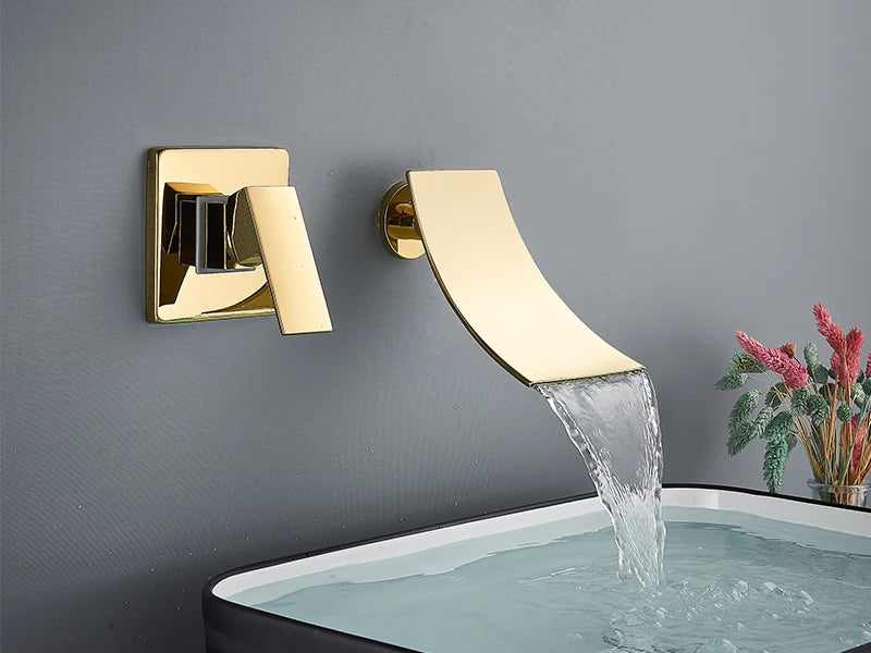 Rozin Robinet Lavabo Cascade Mural – Chrome & Noir Mat, Mitigeur Mono-Commande | Eau Chaude & Froide Salle de Bain